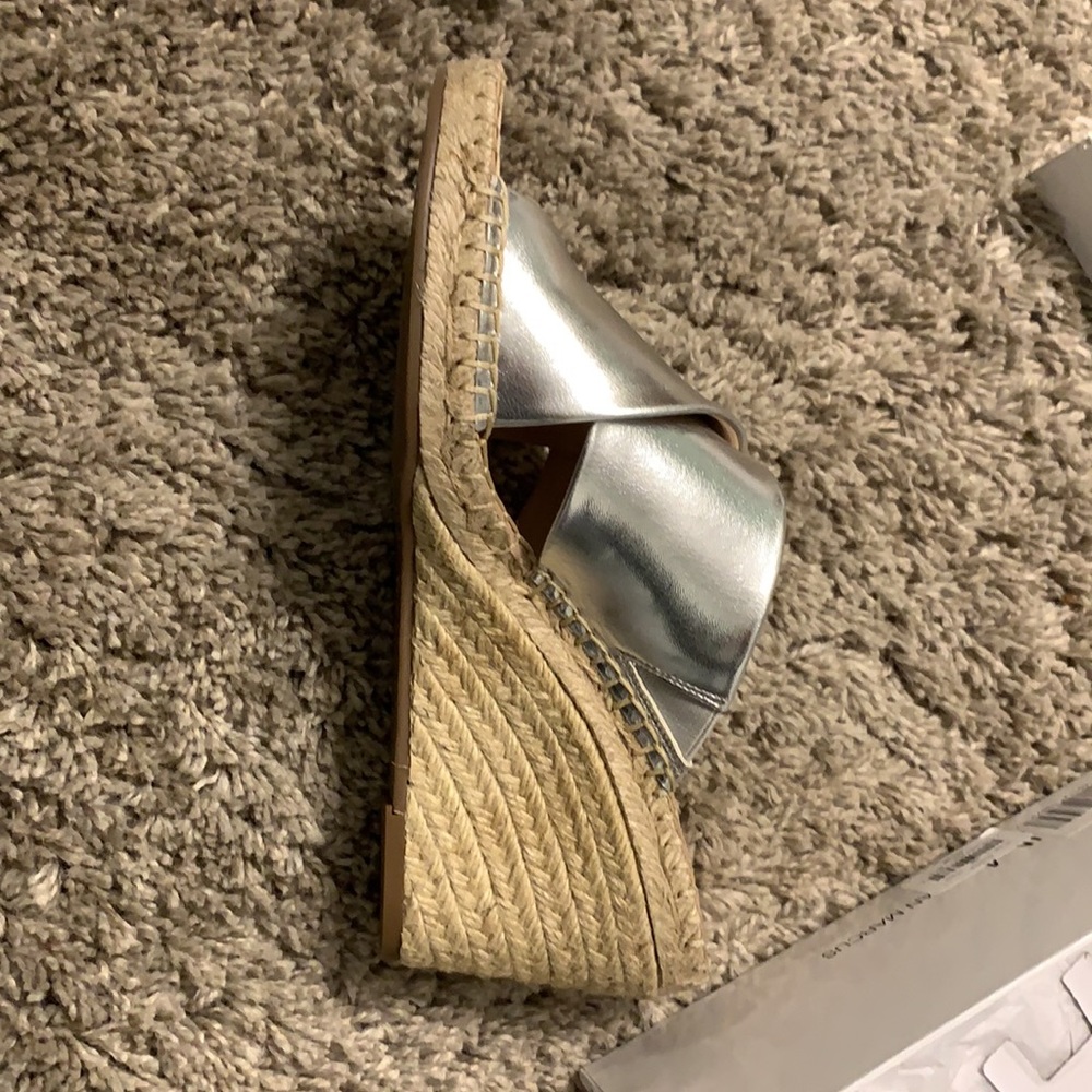 Neiman Marcus Silver Espadrille Wedge Sandals Crossover‎ Straps